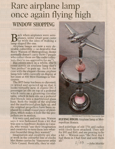 Rare airplane lamp newspaper article 1999